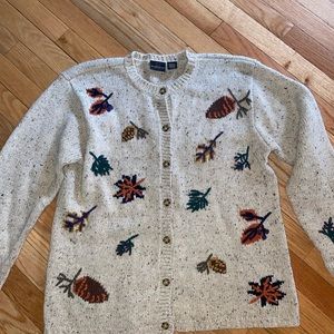 Vintage Cream Cardigan with Colorful Leaf Patterns